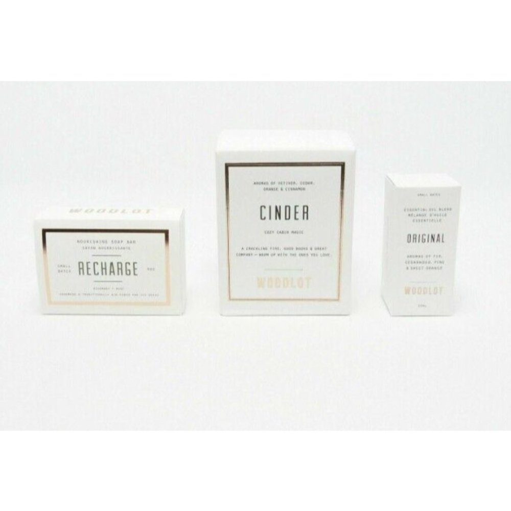 Woodlot Gift Set 3-Pc. Cinder Candle, Essential Oil & Soap Bar-NEW